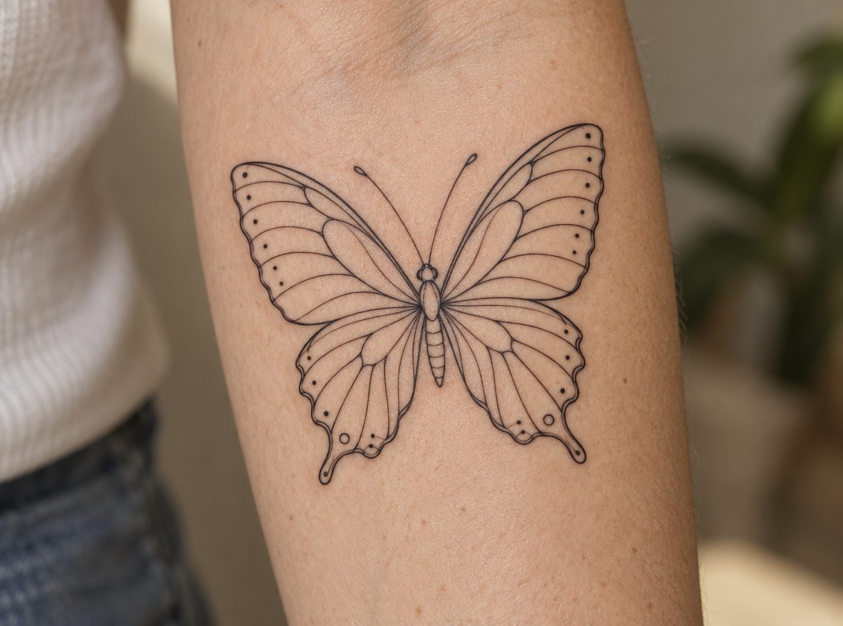 Fine line butterfly previewed on a forearm (AI-generated preview)