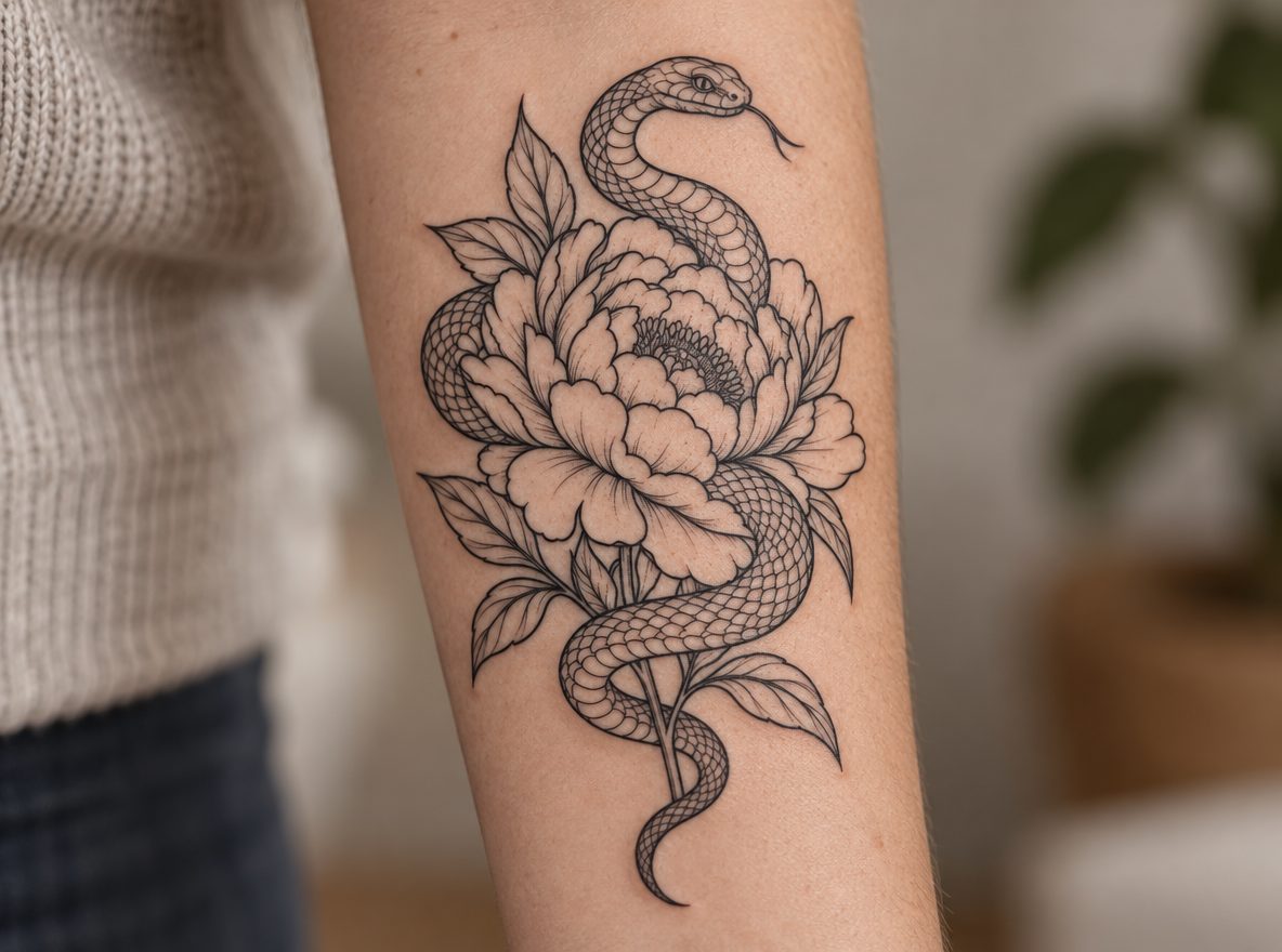 Fine line snake & peony previewed on a forearm (AI-generated preview)