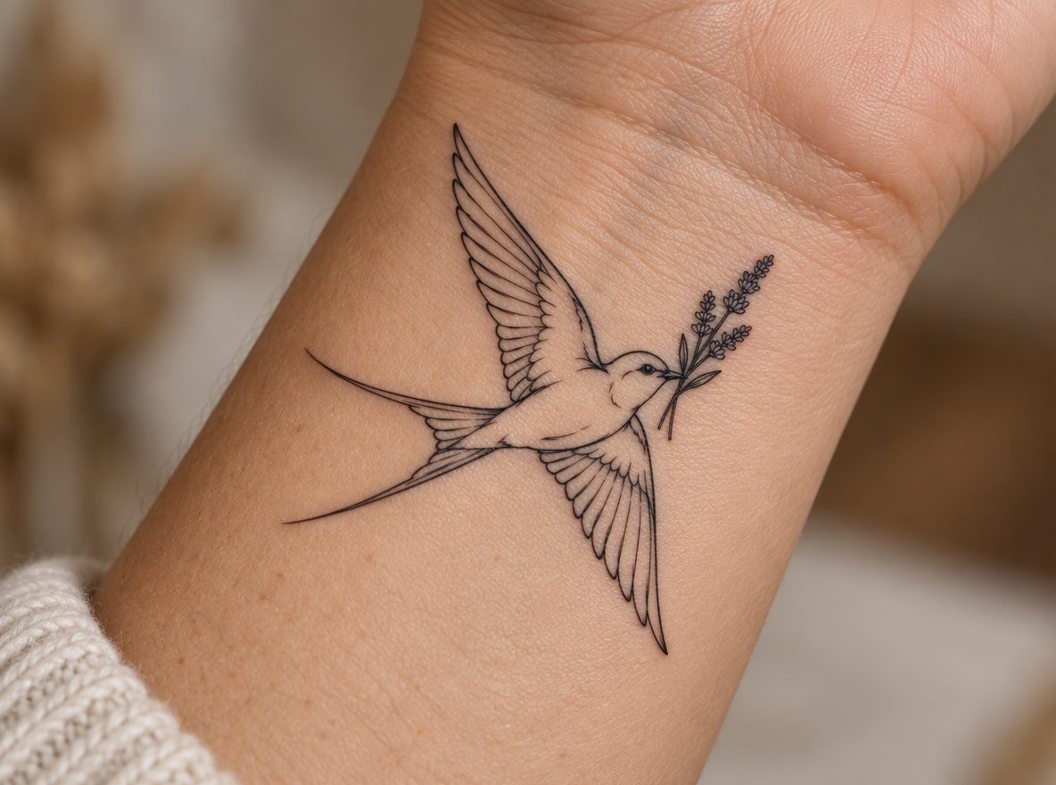 Fine line swallow with lavender previewed on a wrist (AI-generated preview)