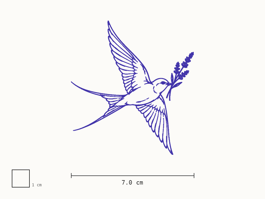 Fine line swallow with lavender transfer stencil at 7 cm wide